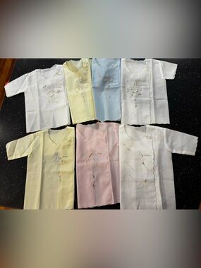 7 Vintage Pastel Baby days of wk Kimono Shirts w/ hand embroiderd animal/flower